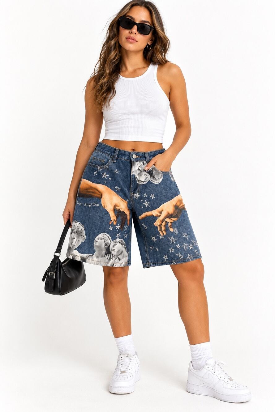 NWT ROMWE Denim Bermuda Shorts Size 32 Graphic Statue Y2K Streetwear Cotton